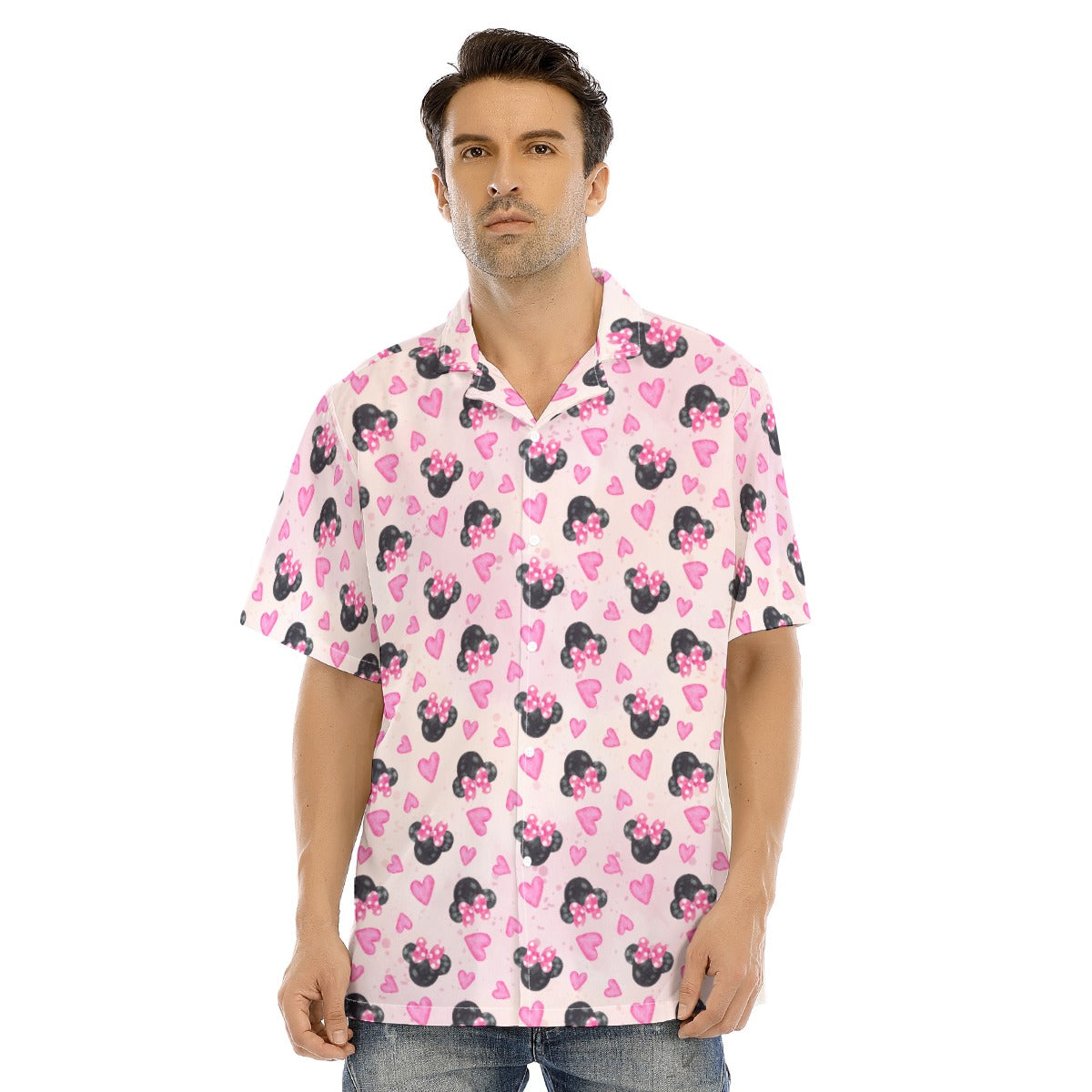 Watercolor Pink Bow Mouse Ears - Men's Hawaiian Button Up Shirt