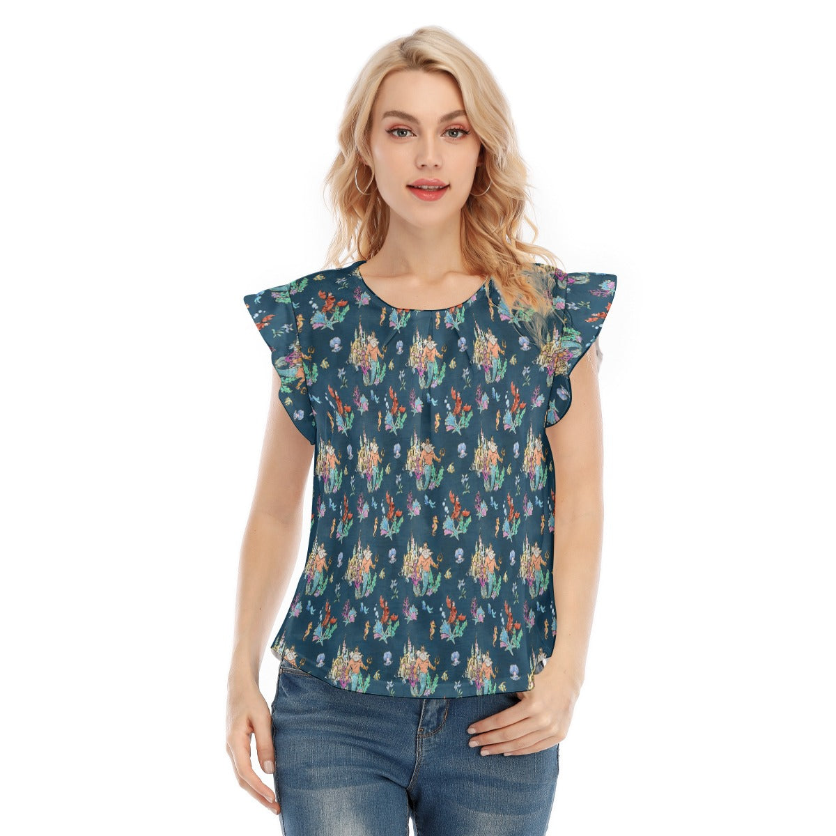 Whimsical Sea King and Crab - Women’s Flutter Sleeve Top
