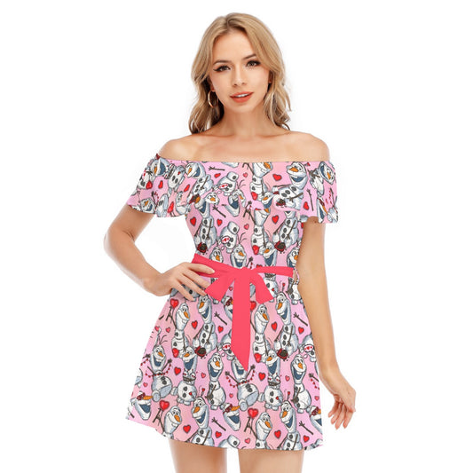 Sketched Snowman Valentine’s Day - Women's Off-shoulder Ruffle Dress