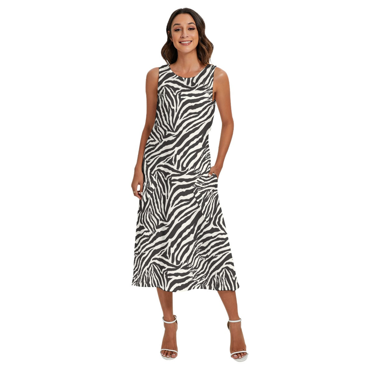 Animal Print - Zebra - Women’s Diagonal Pocket Midi Dress