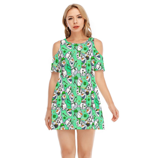 Sketched Snowman St. Patrick’s Day - Women's Cold Shoulder Cotton Dress