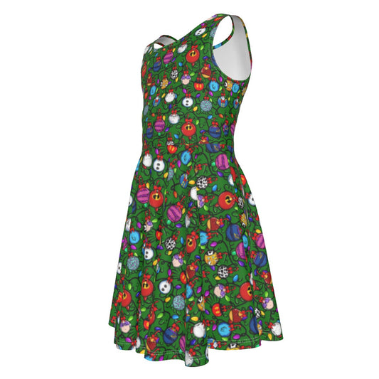 Festive Character Baubles on Green - Kid's Sleeveless Skater Dress
