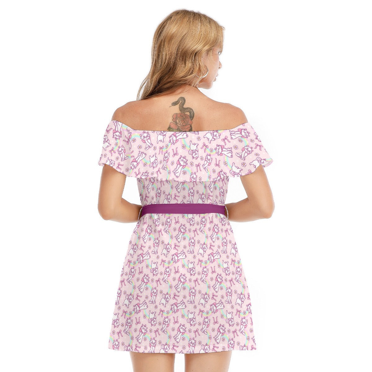 Rainbow Bow Kitty - Women's Off-shoulder Ruffle Dress