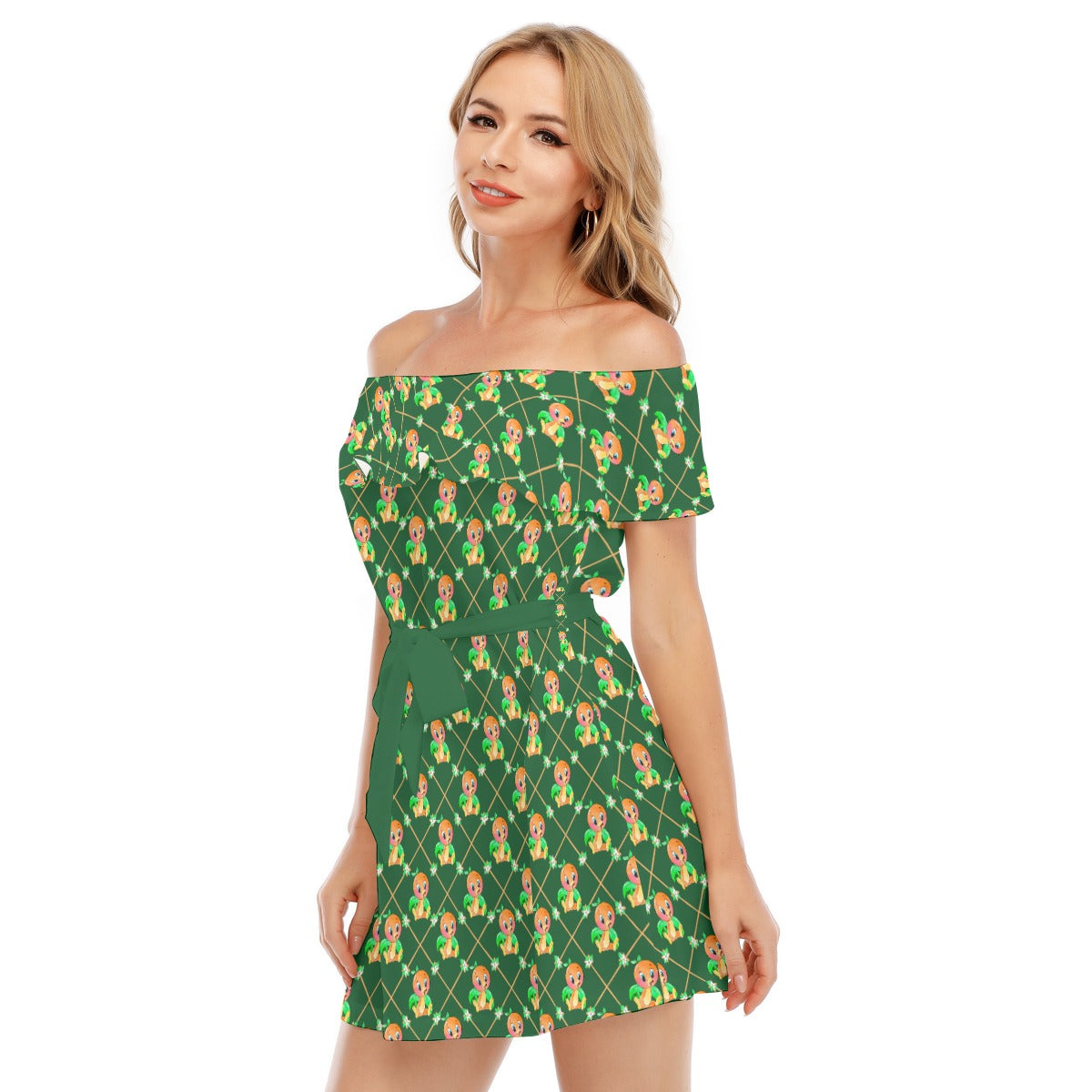 Geometric Citrus Delight - Women's Off-shoulder Ruffle Dress
