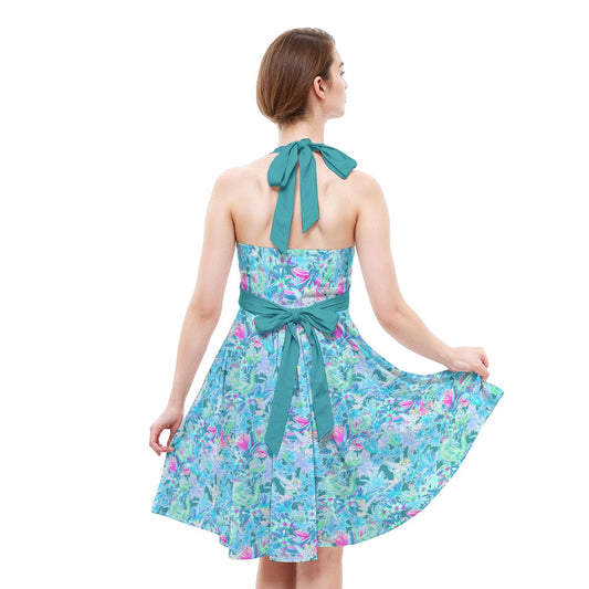 Bright Floral Flight - Neverland Adventure - Women's Halter Vintage Pocket Dress