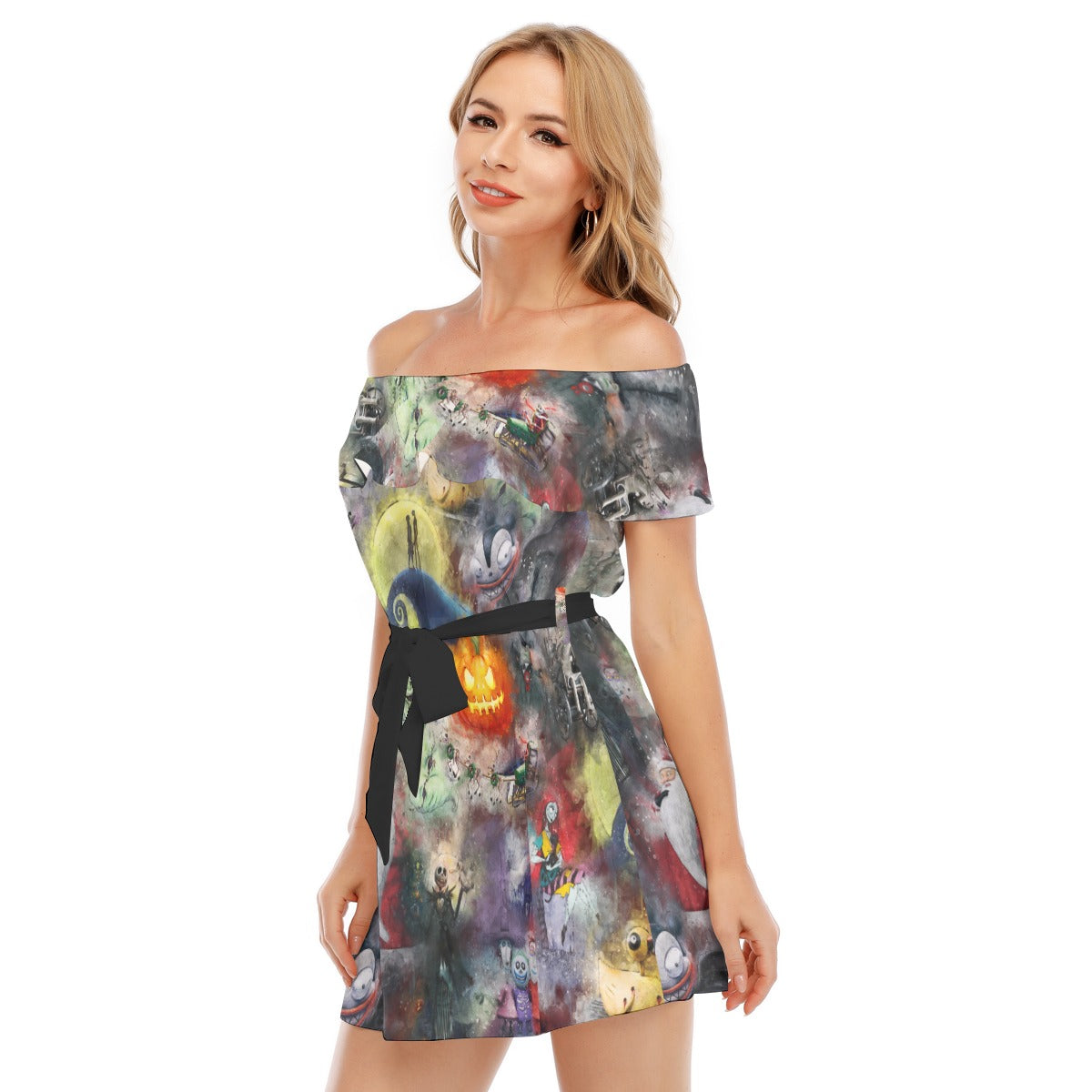 Watercolor Nightmare Town - Women's Off-shoulder Ruffle Dress