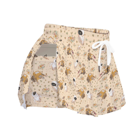 Botanical Robot Love Story - Women's Flowy Pocket Shorts