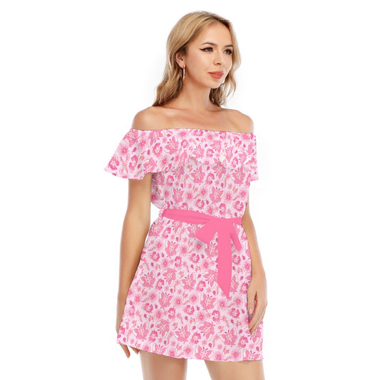 Pink Mushroom Moths - Women's Off-shoulder Ruffle Dress