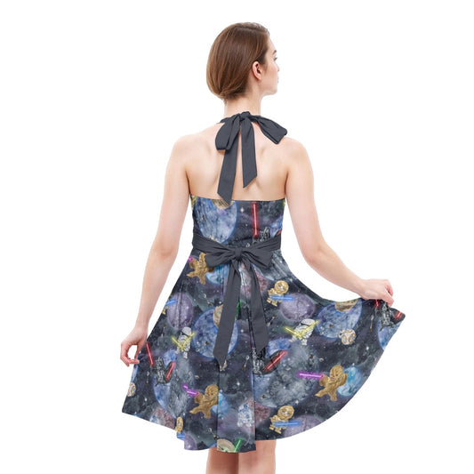 Watercolor Cosmic Battle - Women's Halter Vintage Pocket Dress