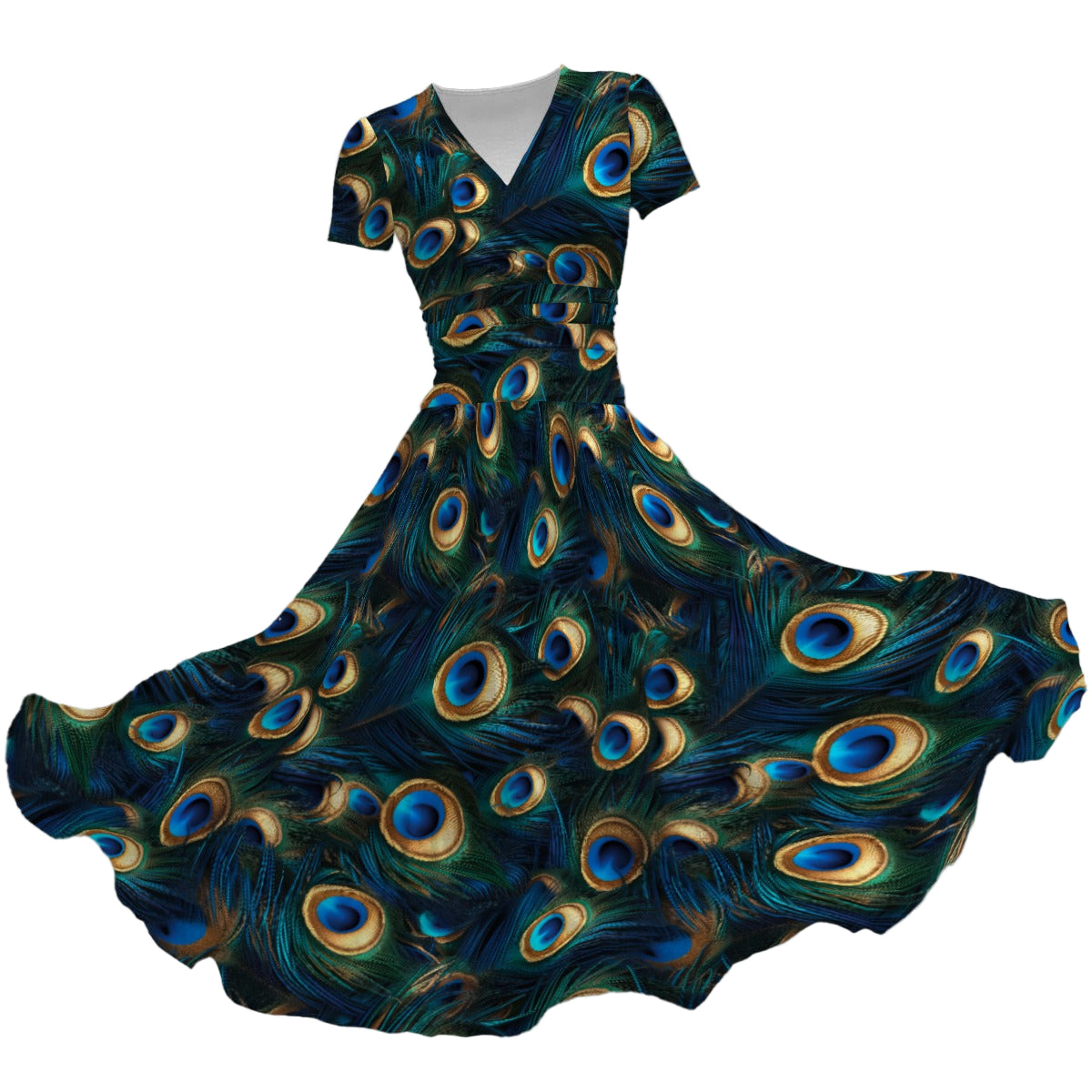 Animal Print - Peacock - Women's V-Neck Ruched Midi Dress
