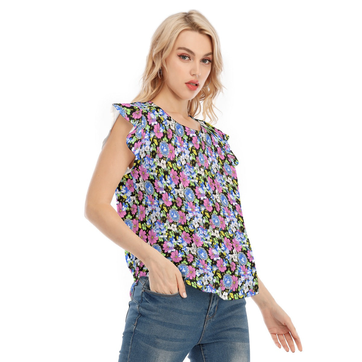 Garden Whimsy - Vintage Mouse Romance - Women’s Flutter Sleeve Top