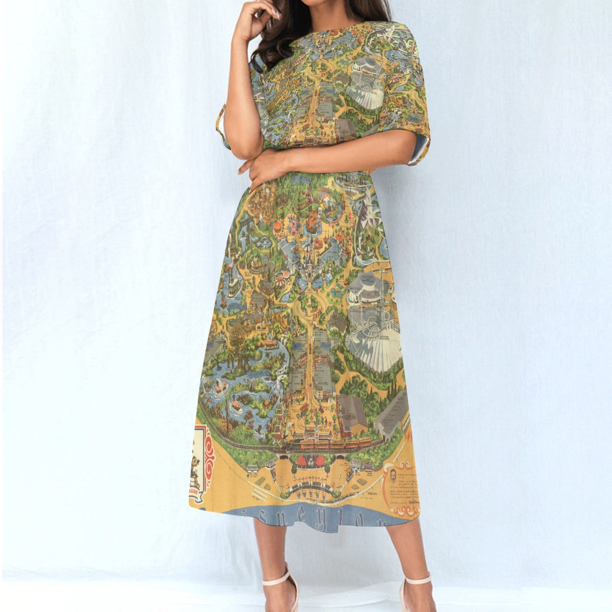 Vintage Theme Park Map - Women’s Elastic Waist Pocket Midi Dress