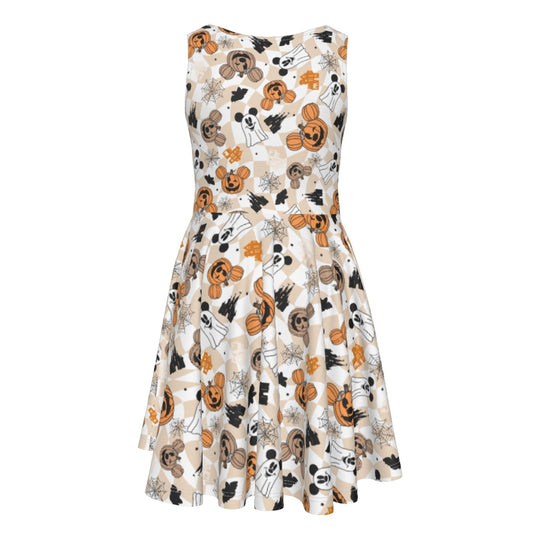 Checkered Halloween Ghosts & Pumpkinskins - Kid's Sleeveless Skater Dress