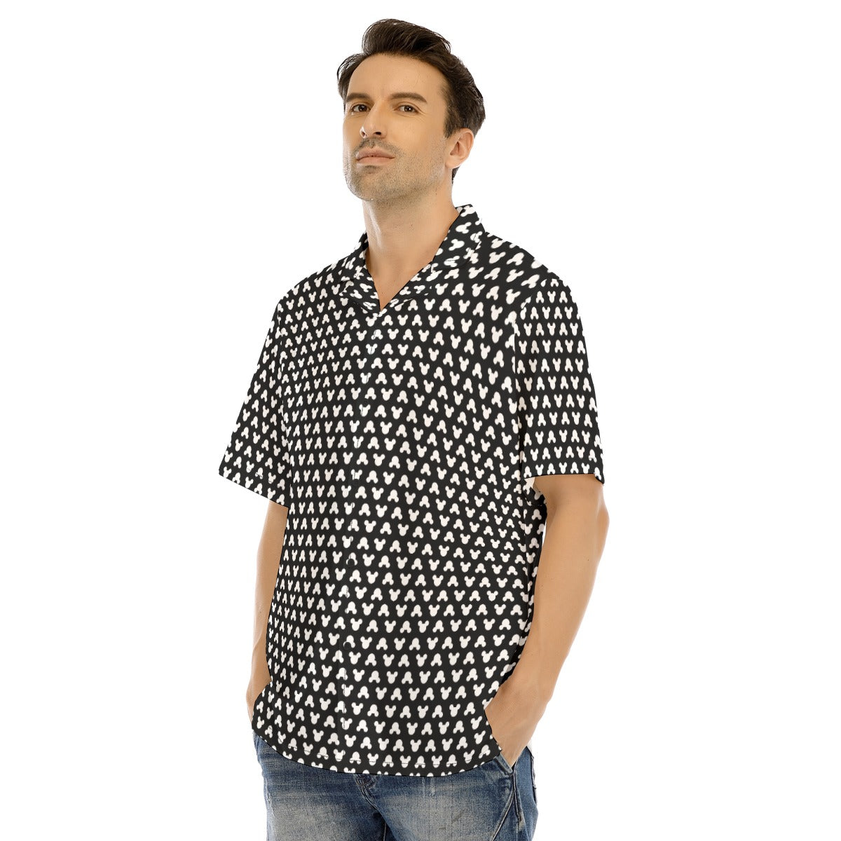 Playful Polka Dot Ears Black - Men's Hawaiian Button Up Shirt