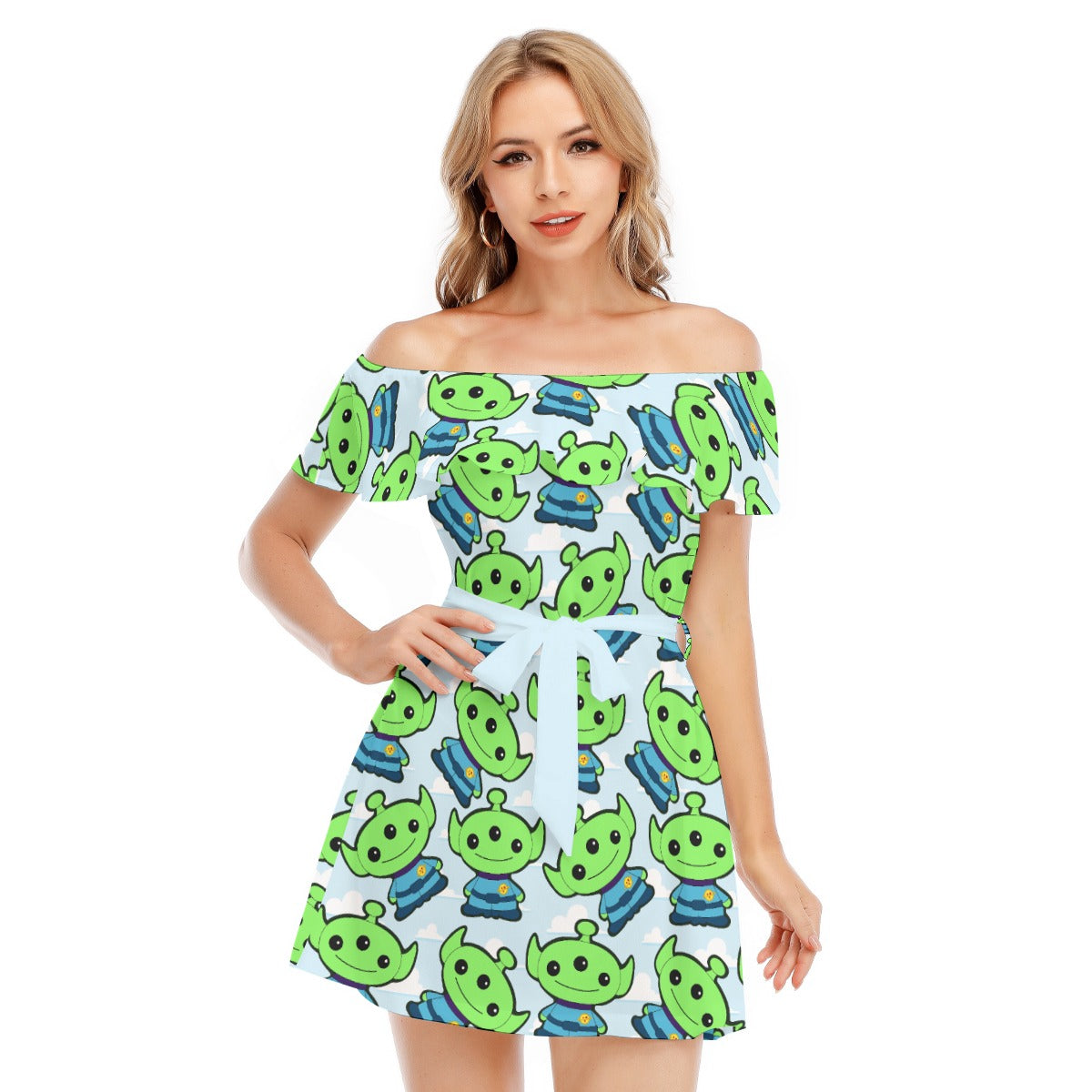 Little Green Space Aliens - Women's Off-shoulder Ruffle Dress