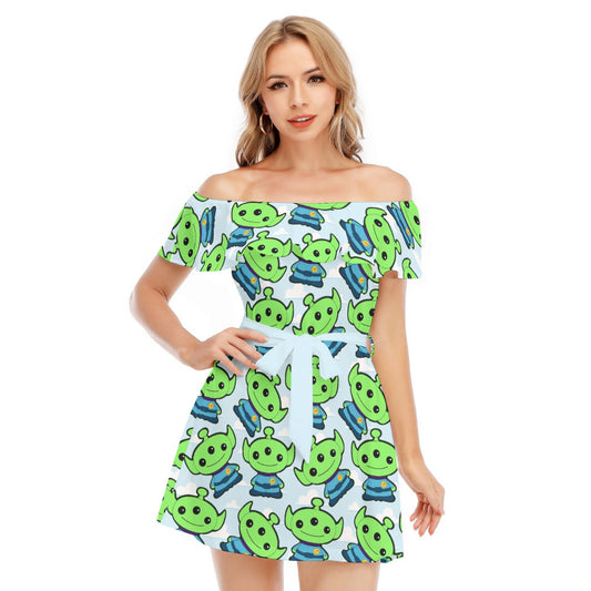 Little Green Space Aliens - Women's Off-shoulder Ruffle Dress