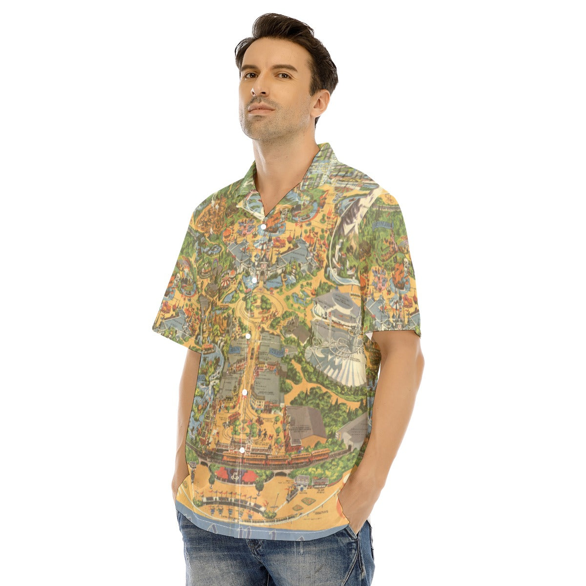 Vintage Theme Park Map- Men's Hawaiian Button Up Shirt