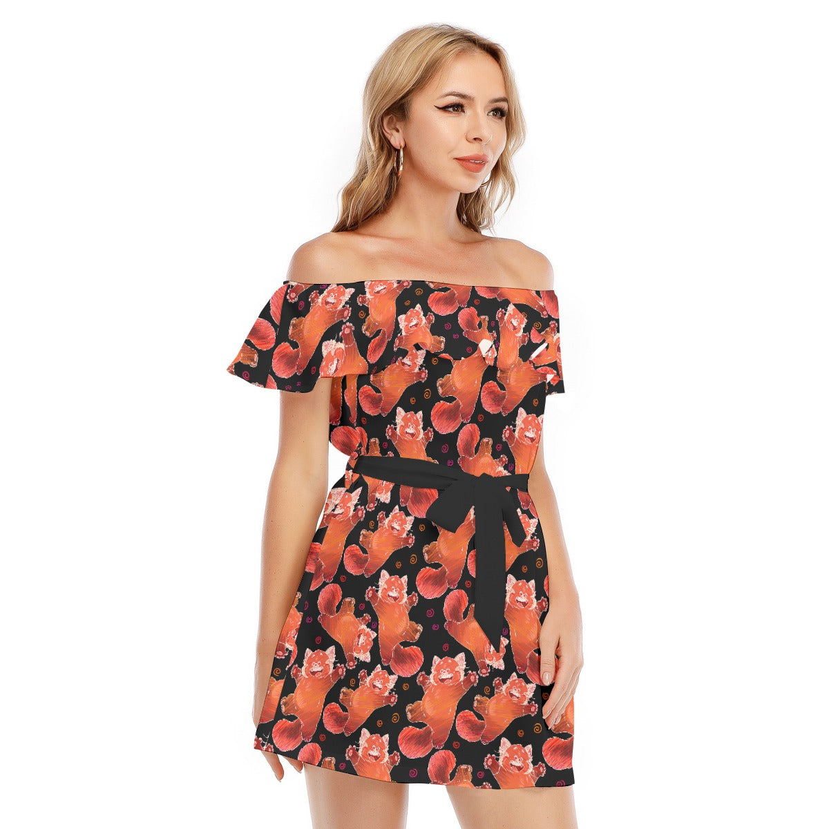 Scribbly Red Panda - Women's Off-shoulder Ruffle Dress