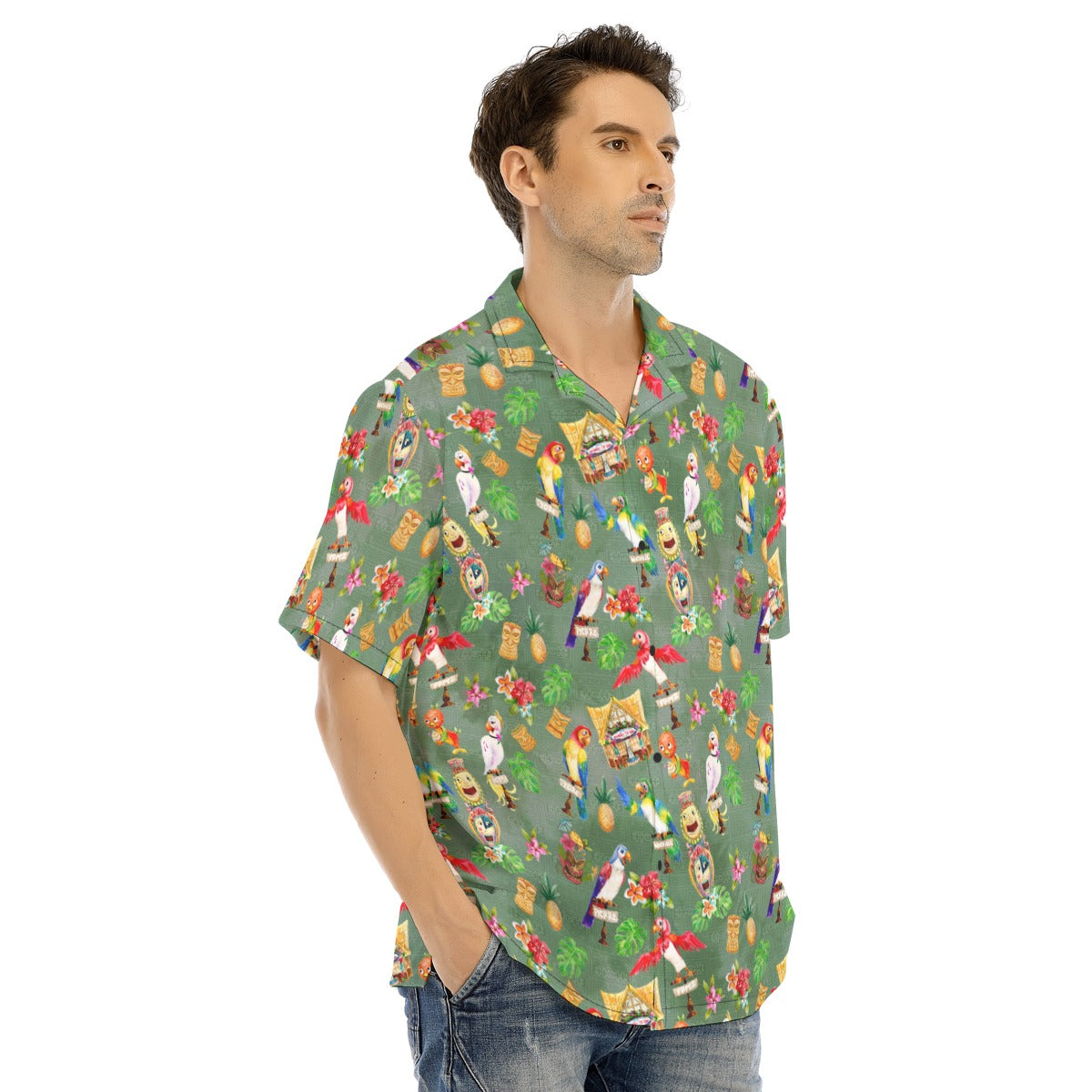 Orange Bird & Tiki Friends - Men's Hawaiian Button Up Shirt