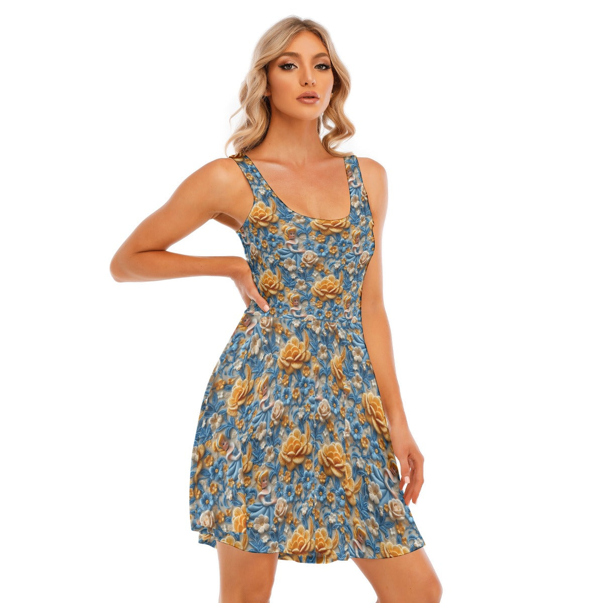 Regal Embroidered Royal Maiden - Women's Sleeveless Pocket Skater Dress