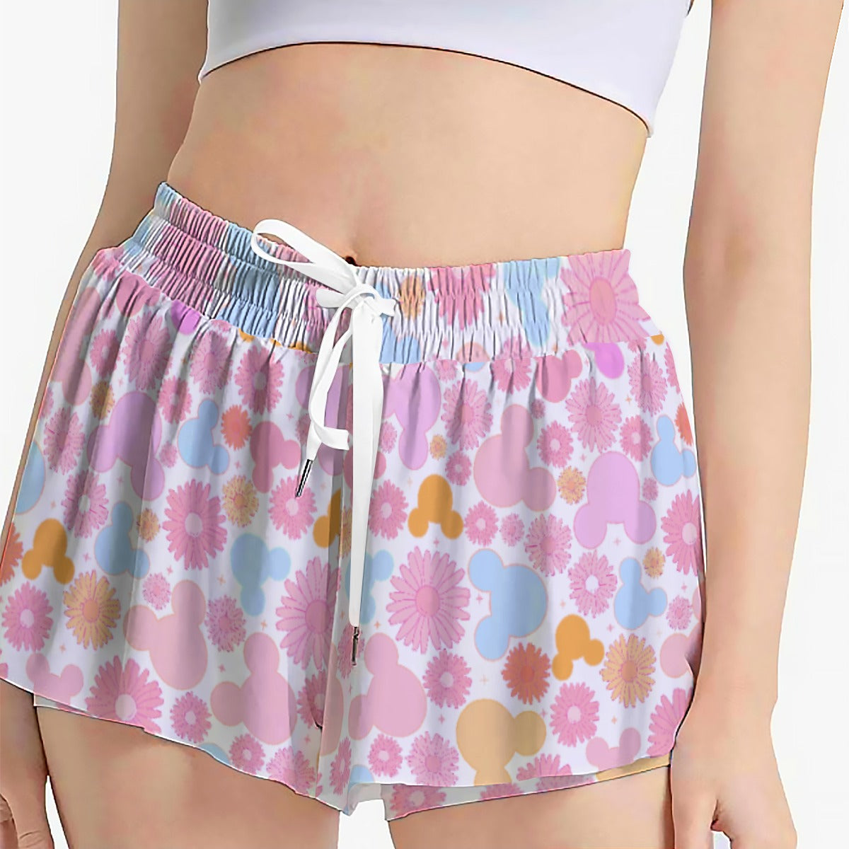 Retro Floral Mouse - Women's Flowy Pocket Shorts