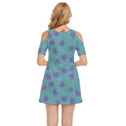 Turquoise Monster Spots - Women's Cold Shoulder Cotton Dress