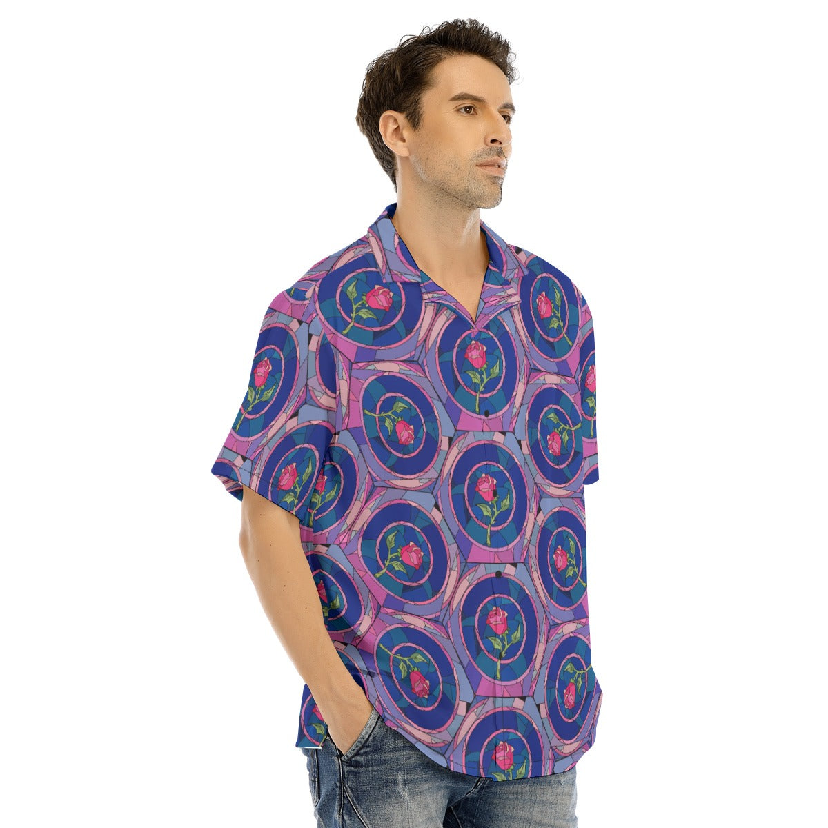 Enchanted Rose Stained Glass - Men's Hawaiian Button Up Shirt