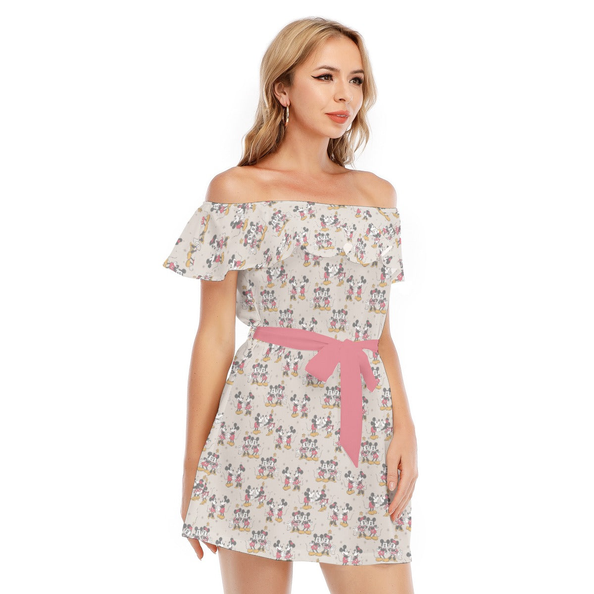 Retro Mouse & Partner - Women's Off-shoulder Ruffle Dress