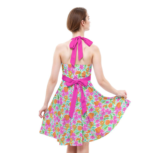Tropical Citrus Bloom - Women's Halter Vintage Pocket Dress