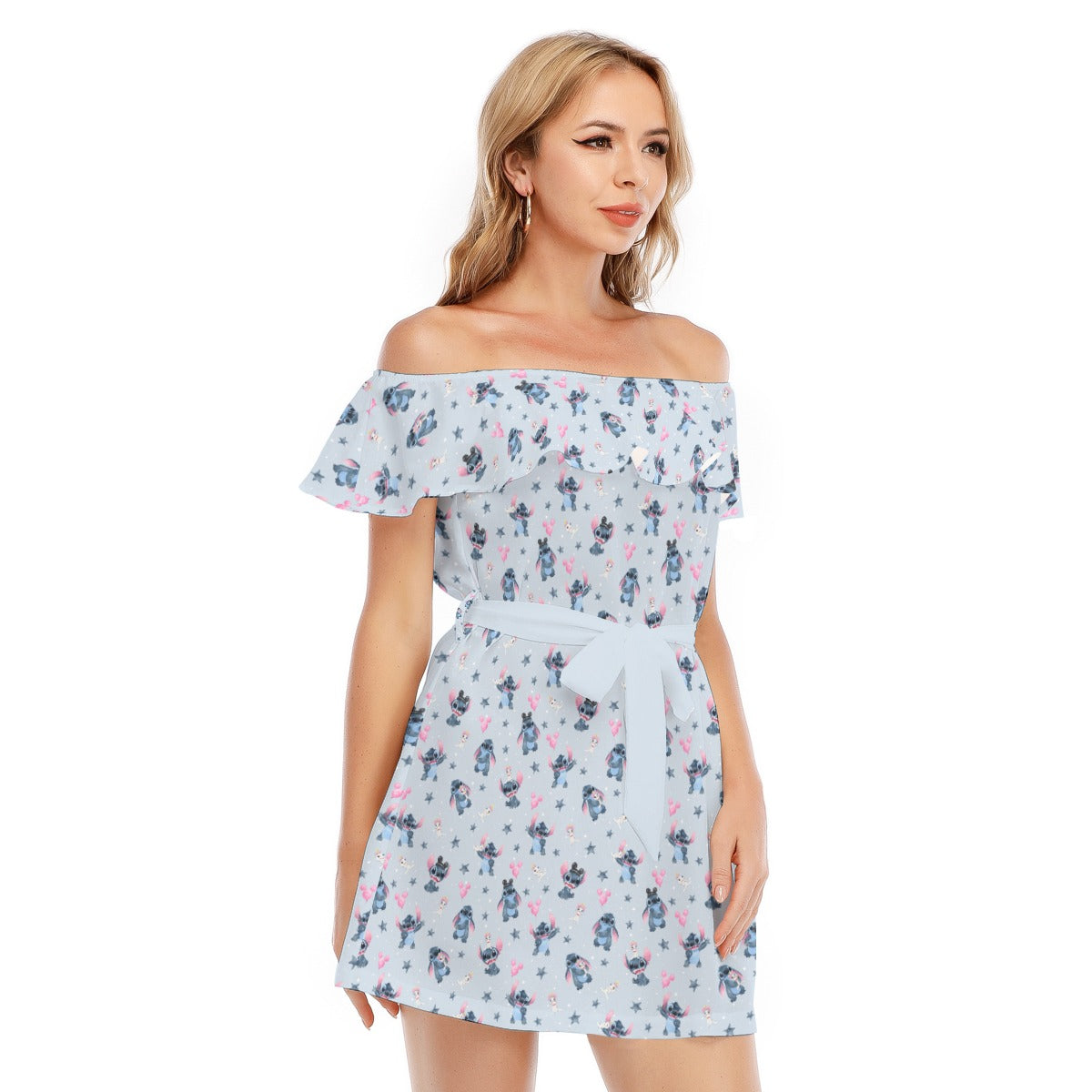 Happy Blue Alien - Women's Off-shoulder Ruffle Dress