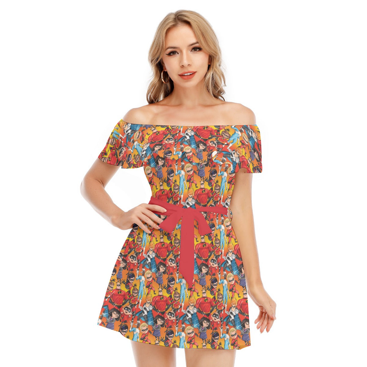 Super Squad Sketched - Women's Off-shoulder Ruffle Dress