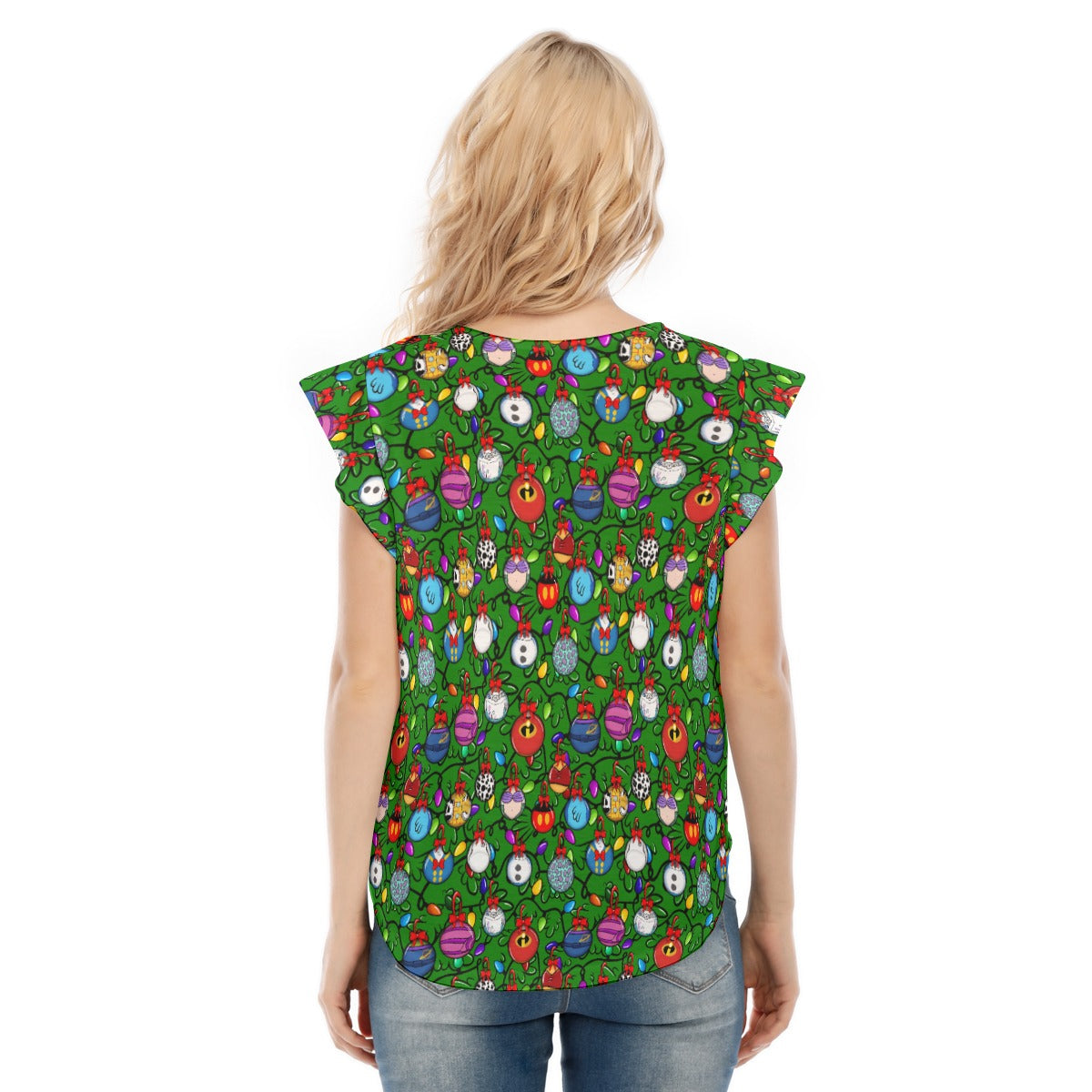 Festive Character Baubles on Green - Women’s Flutter Sleeve Top