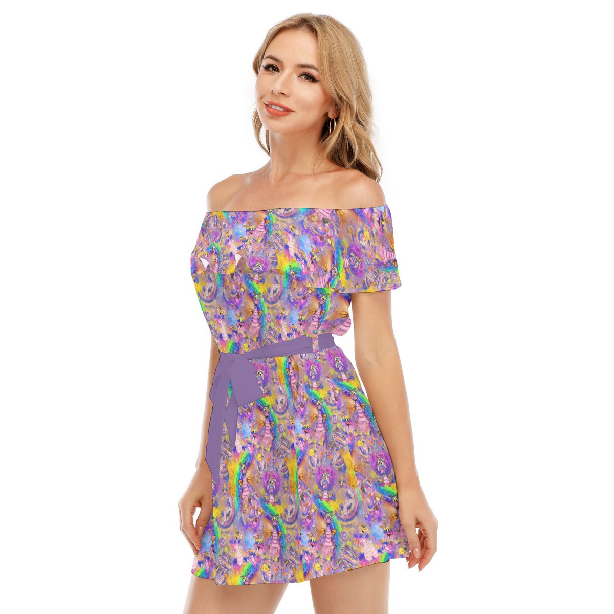 Figment Watercolor Rainbow - Women's Off-shoulder Ruffle Dress