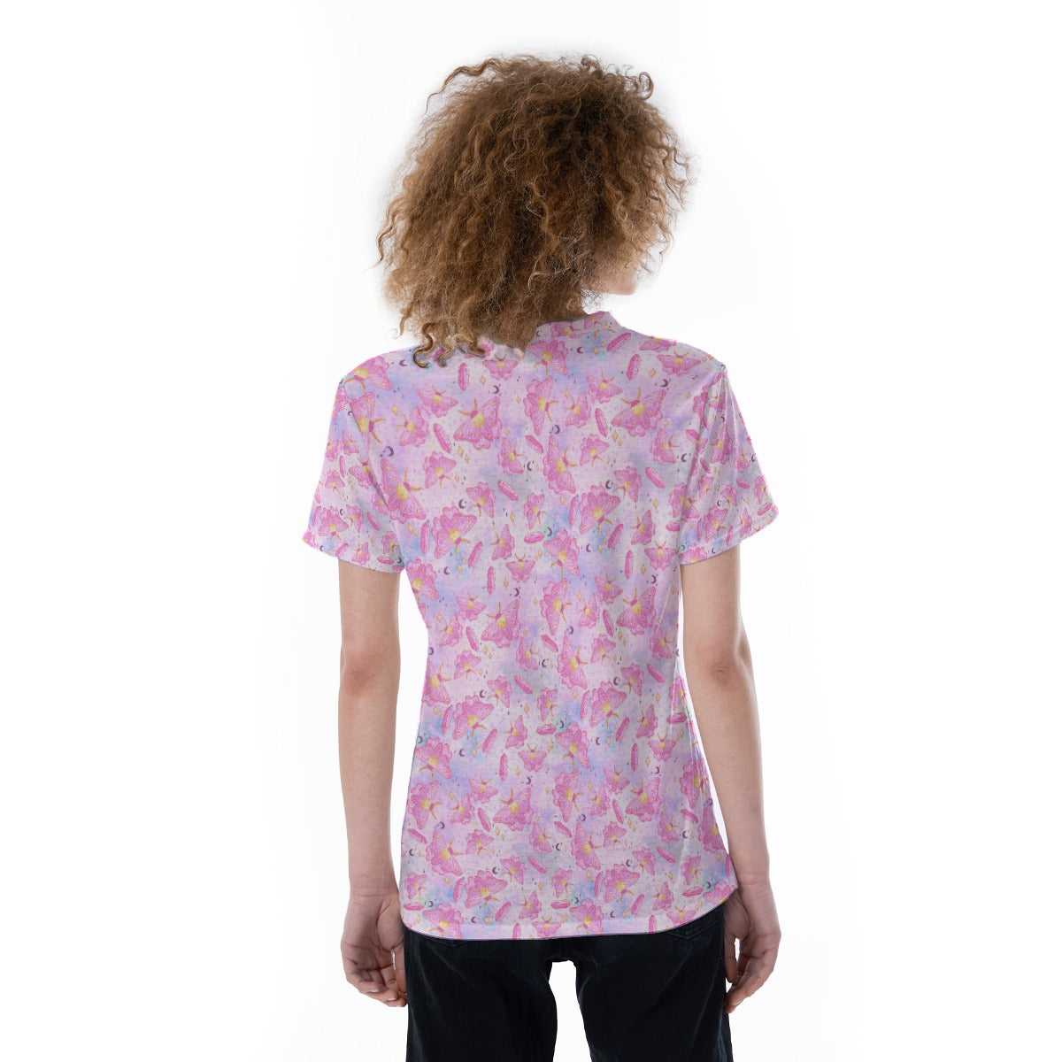 Pink Crystal Lunar Moths - Women's Short Sleeve V-Neck T-Shirt