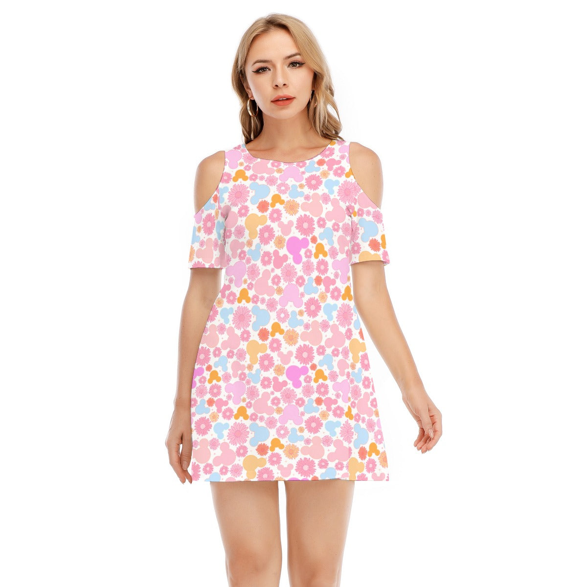Retro Floral Mouse - Women's Cold Shoulder Cotton Dress
