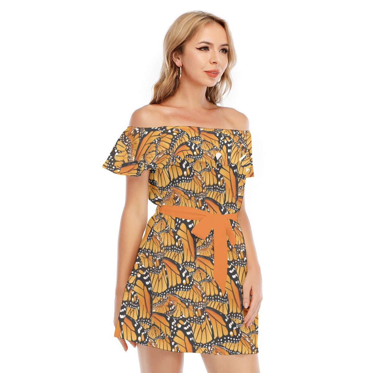 Animal Print - Monarch Butterfly - Women's Off-shoulder Ruffle Dress