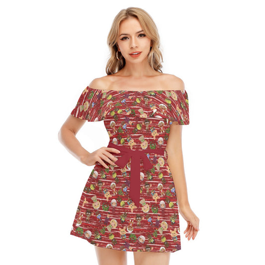 A Very Festive Puppet Christmas - Women's Off-shoulder Ruffle Dress