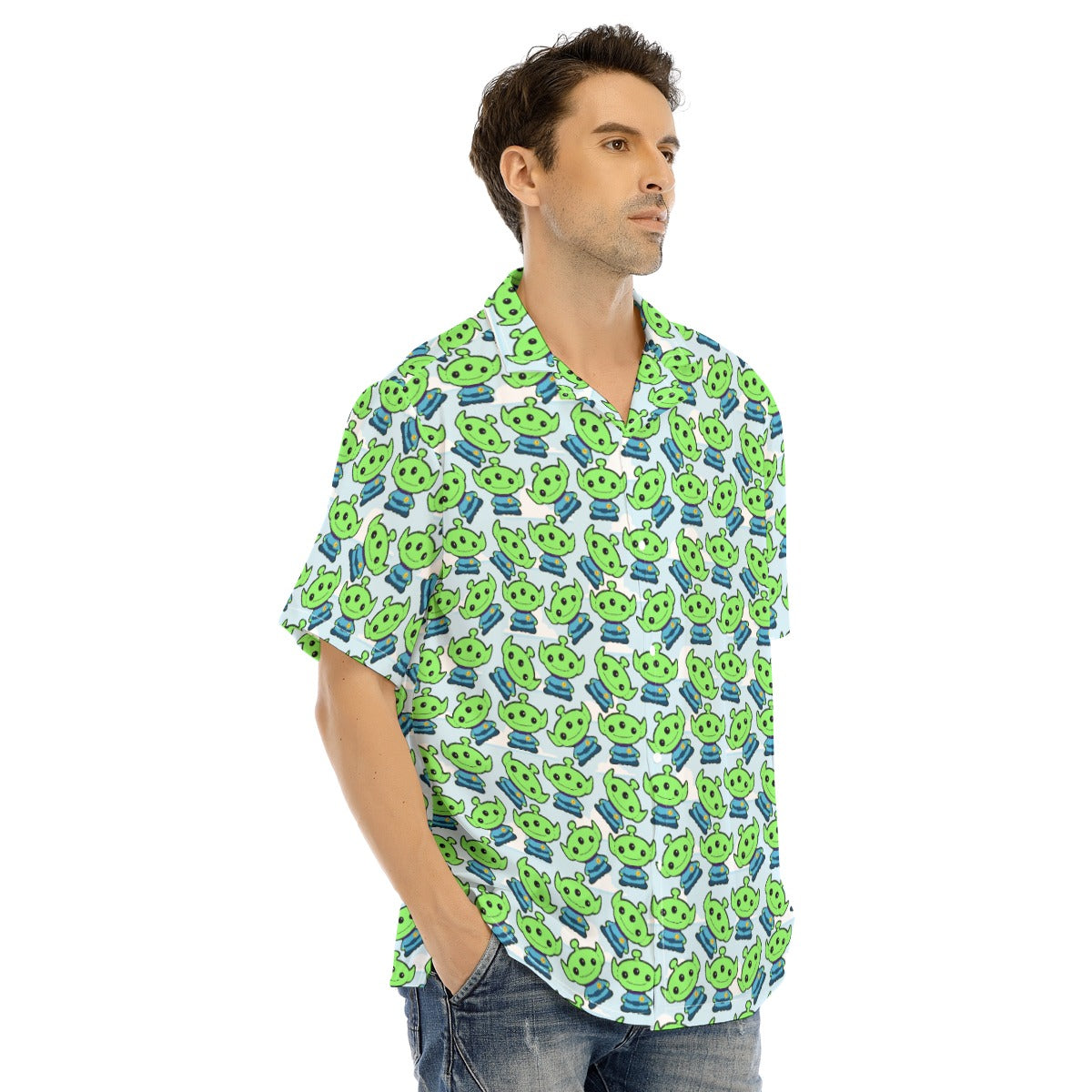 alien dress shirt Black & Green Alien Head Short-Sleeved Woven Button-Up