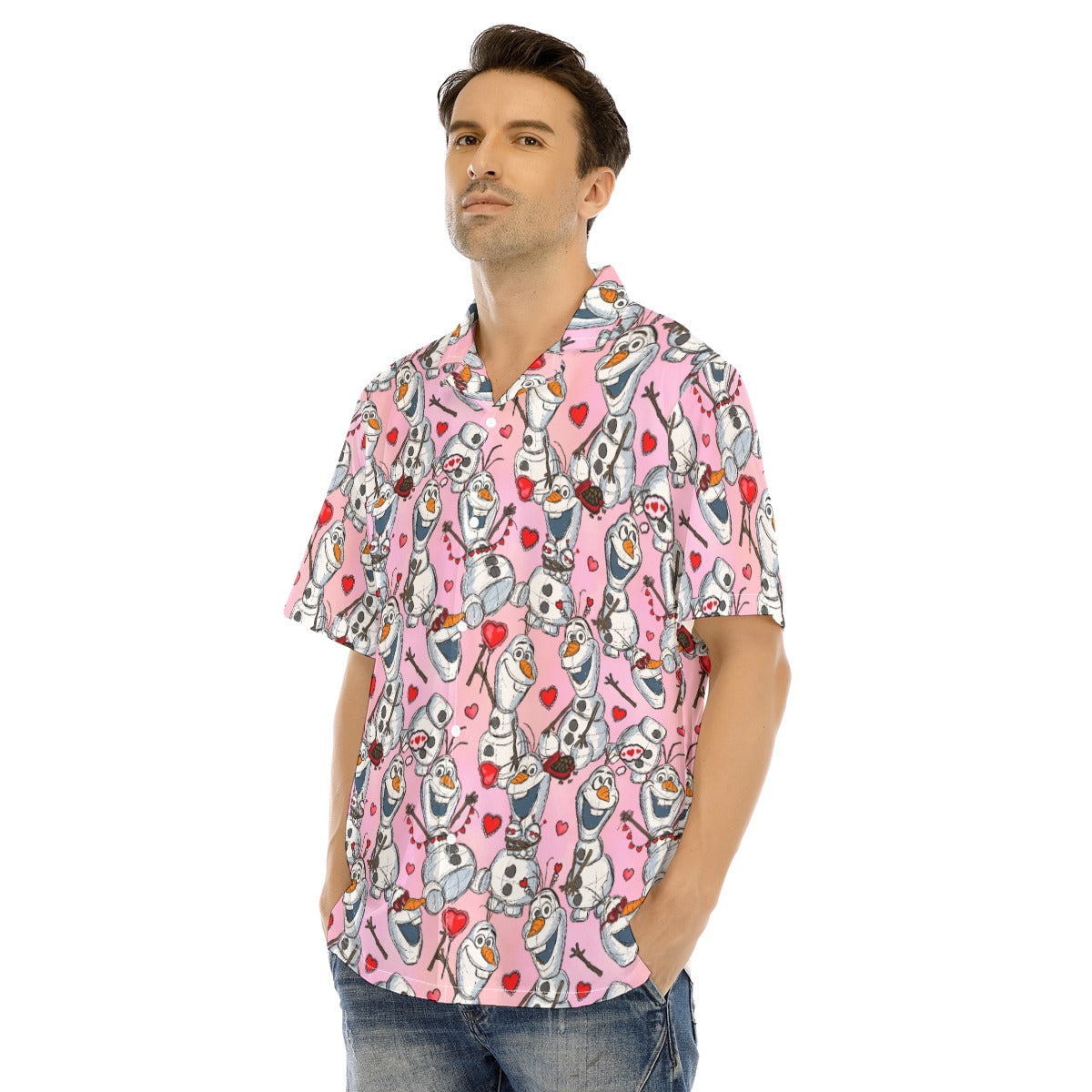 Sketched Snowman Valentine’s Day - Men's Hawaiian Button Up Shirt