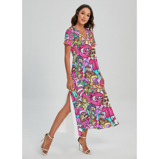 Red Panda Chaos Scenes - Women's V-Neck Side Split Maxi Dress