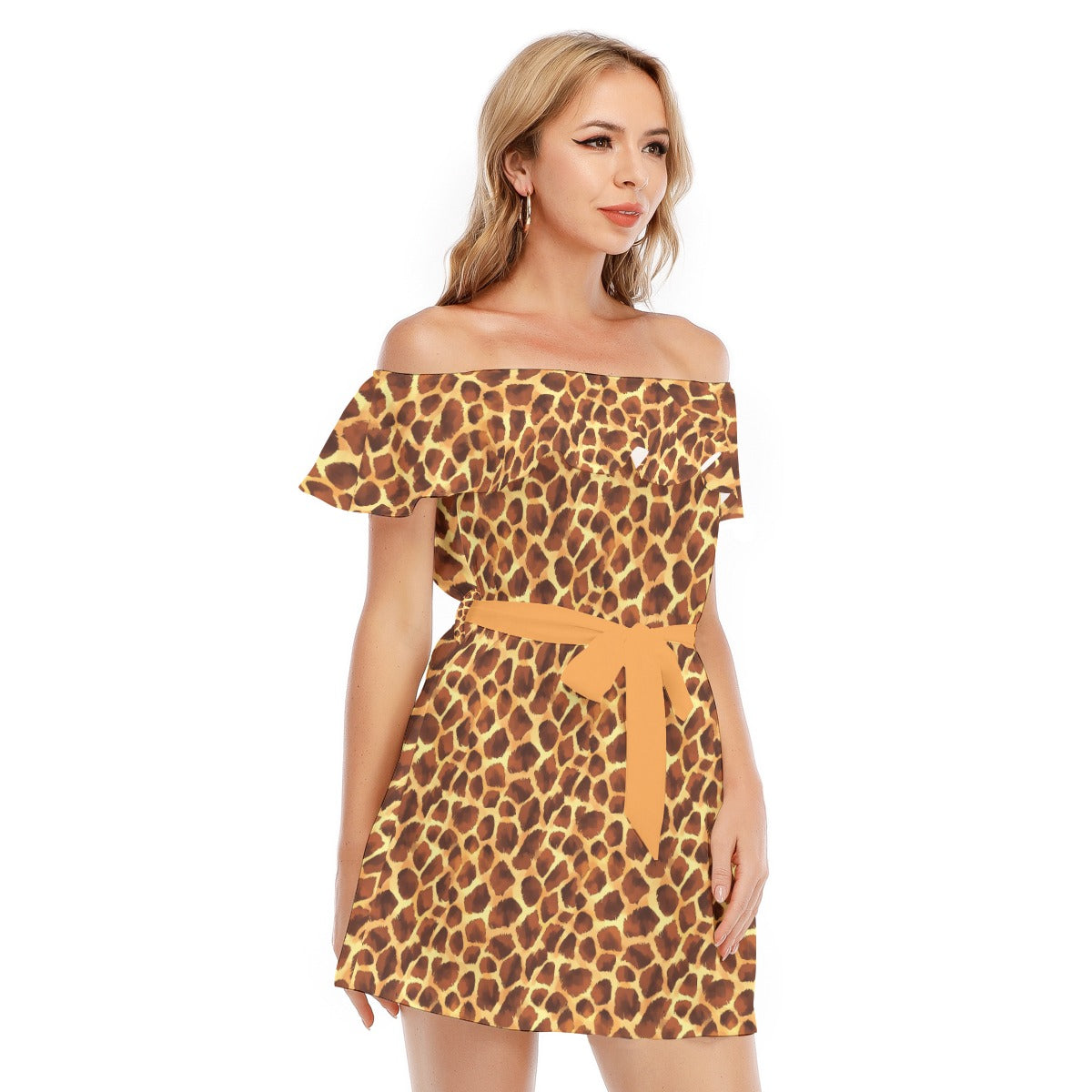 Animal Print - Giraffe - Women's Off-shoulder Ruffle Dress