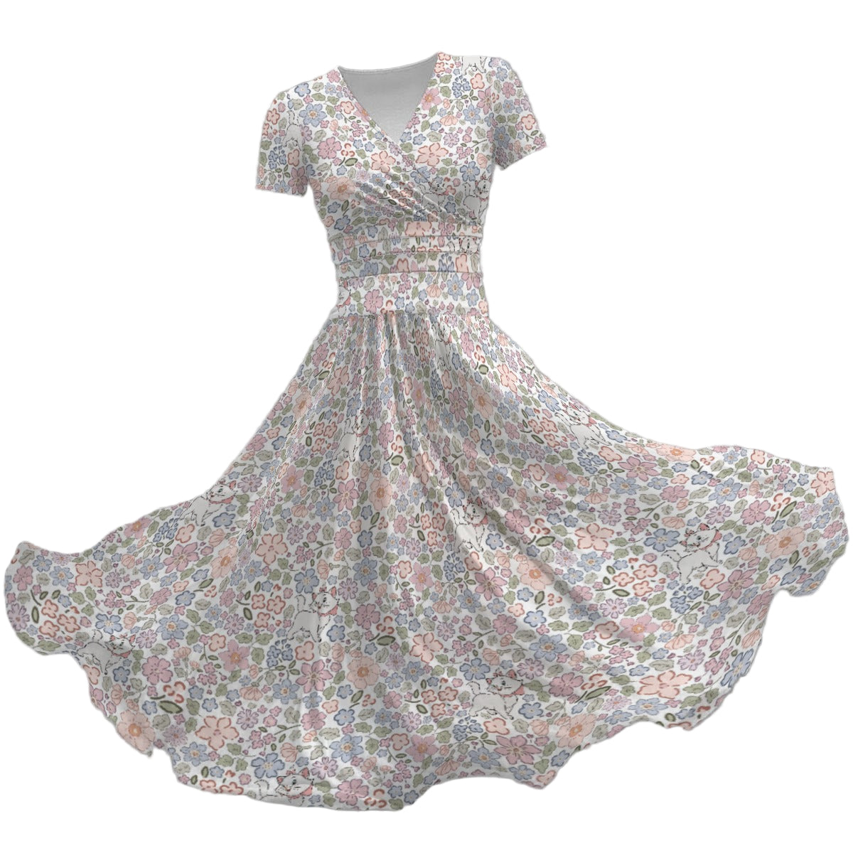 Springtime Kitten Garden Elegance - Women's V-Neck Ruched Midi Dress