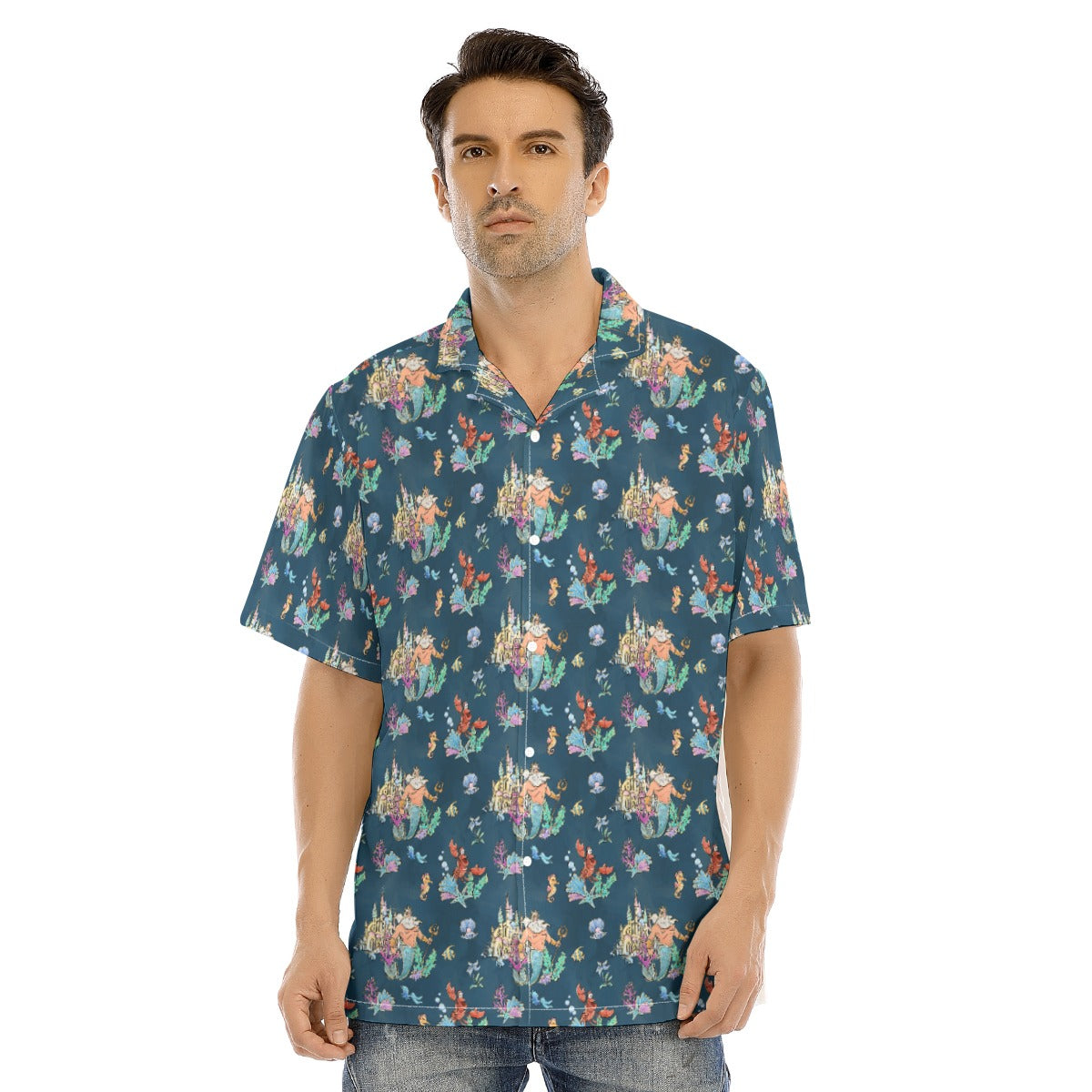 Whimsical Sea King and Crab - Men's Hawaiian Button Up Shirt