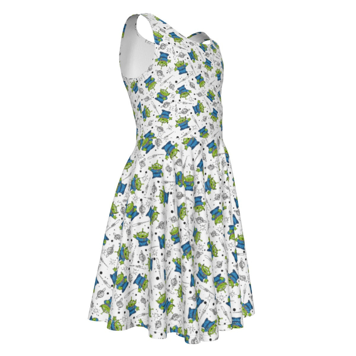 Playful Green Aliens on White - Kid's Sleeveless Skater Dress