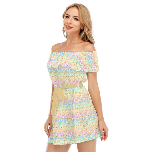 Gold Dot Rainbow Mouse Ears Castle - Women's Off-shoulder Ruffle Dress