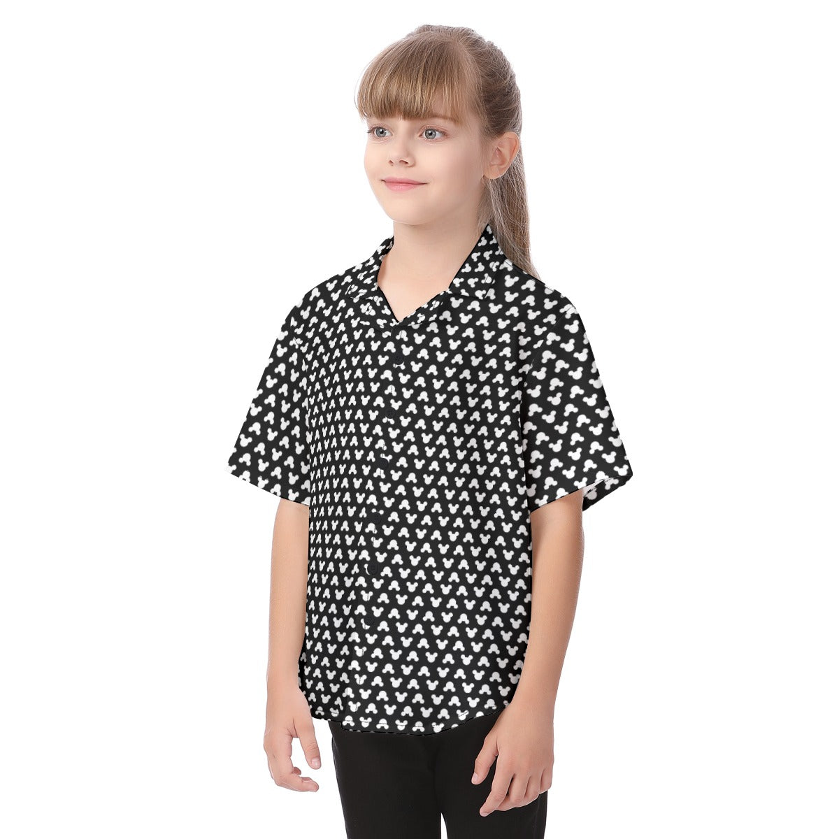 Playful Polka Dot Ears Black - Kid's Hawaiian Button Up Shirt