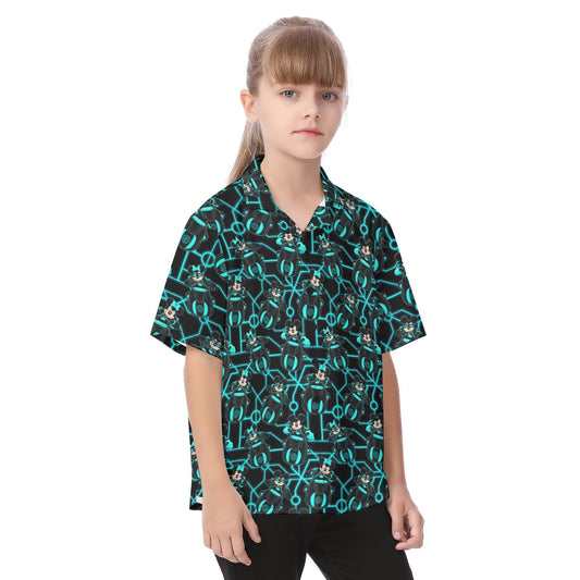 Electric Neon Grid Adventure - Kid's Hawaiian Button Up Shirt