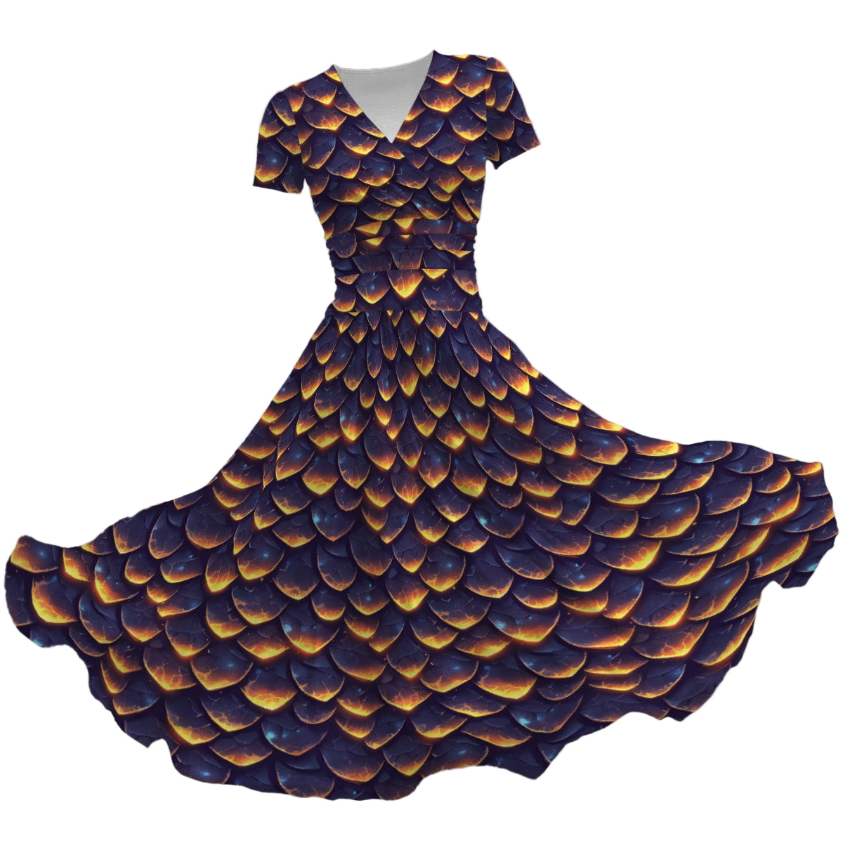 Animal Print - Dragon - Women's V-Neck Ruched Midi Dress