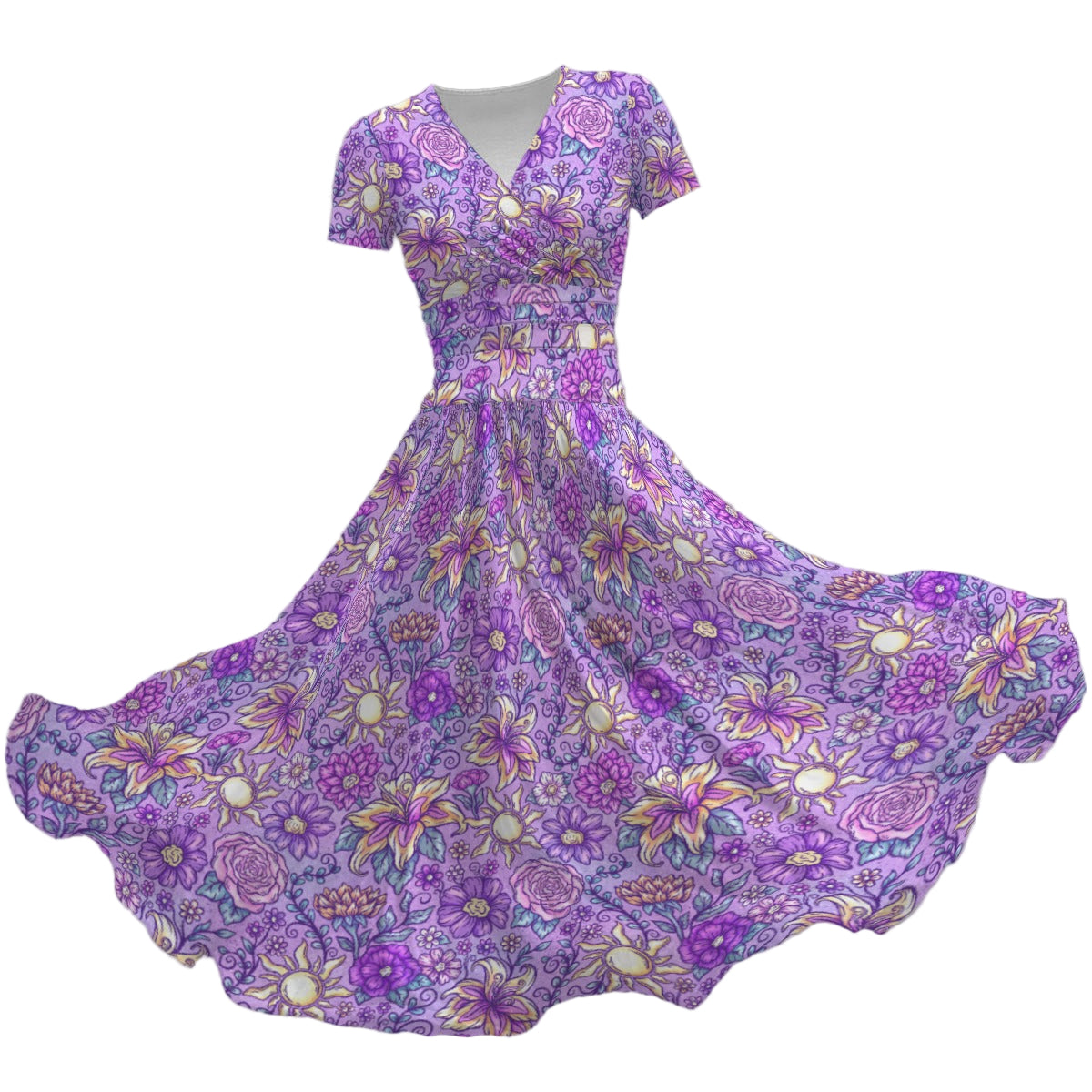 Fairytale Florals – Radiant Sunlight - Women's V-Neck Ruched Midi Dress
