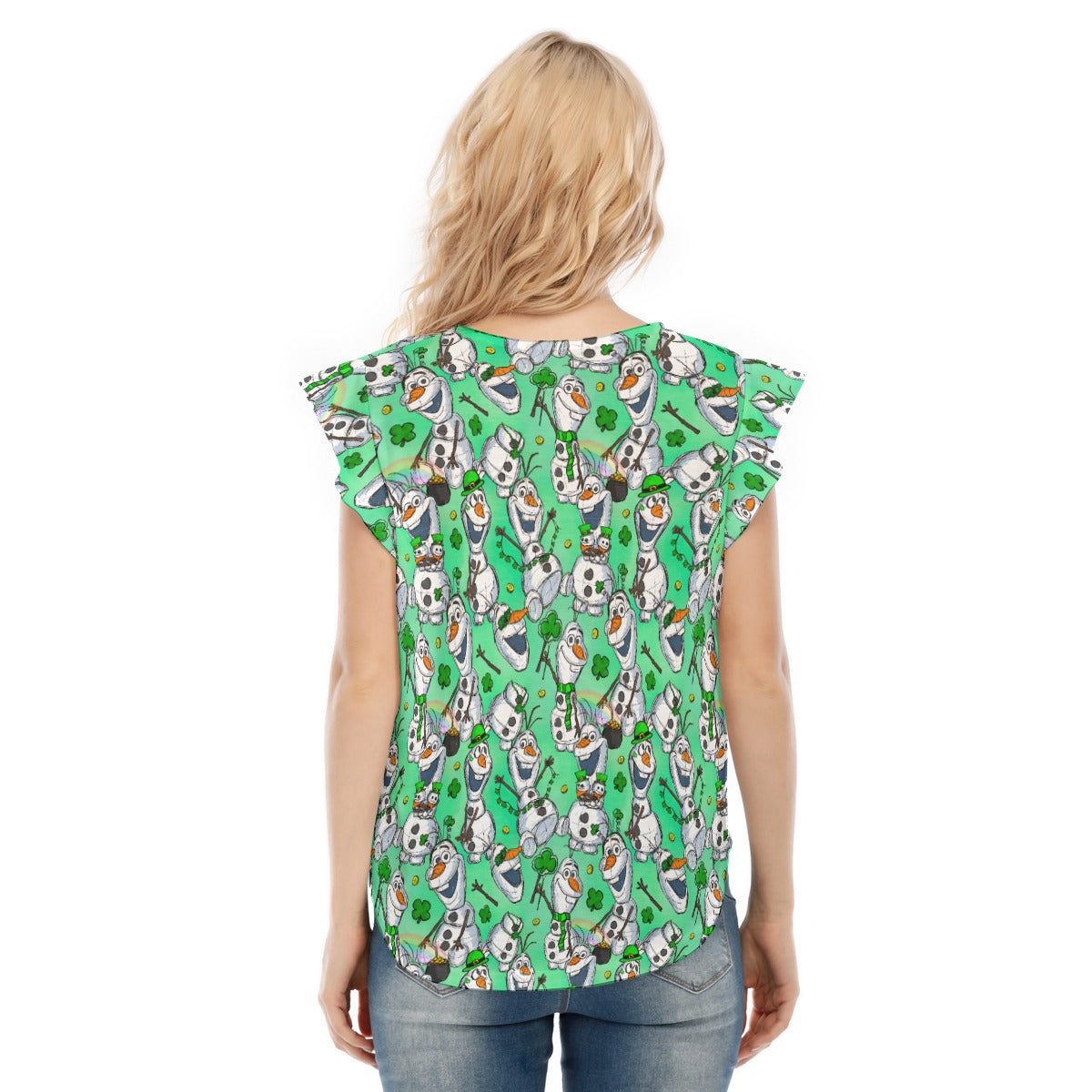Sketched Snowman St. Patrick’s Day - Women’s Flutter Sleeve Top